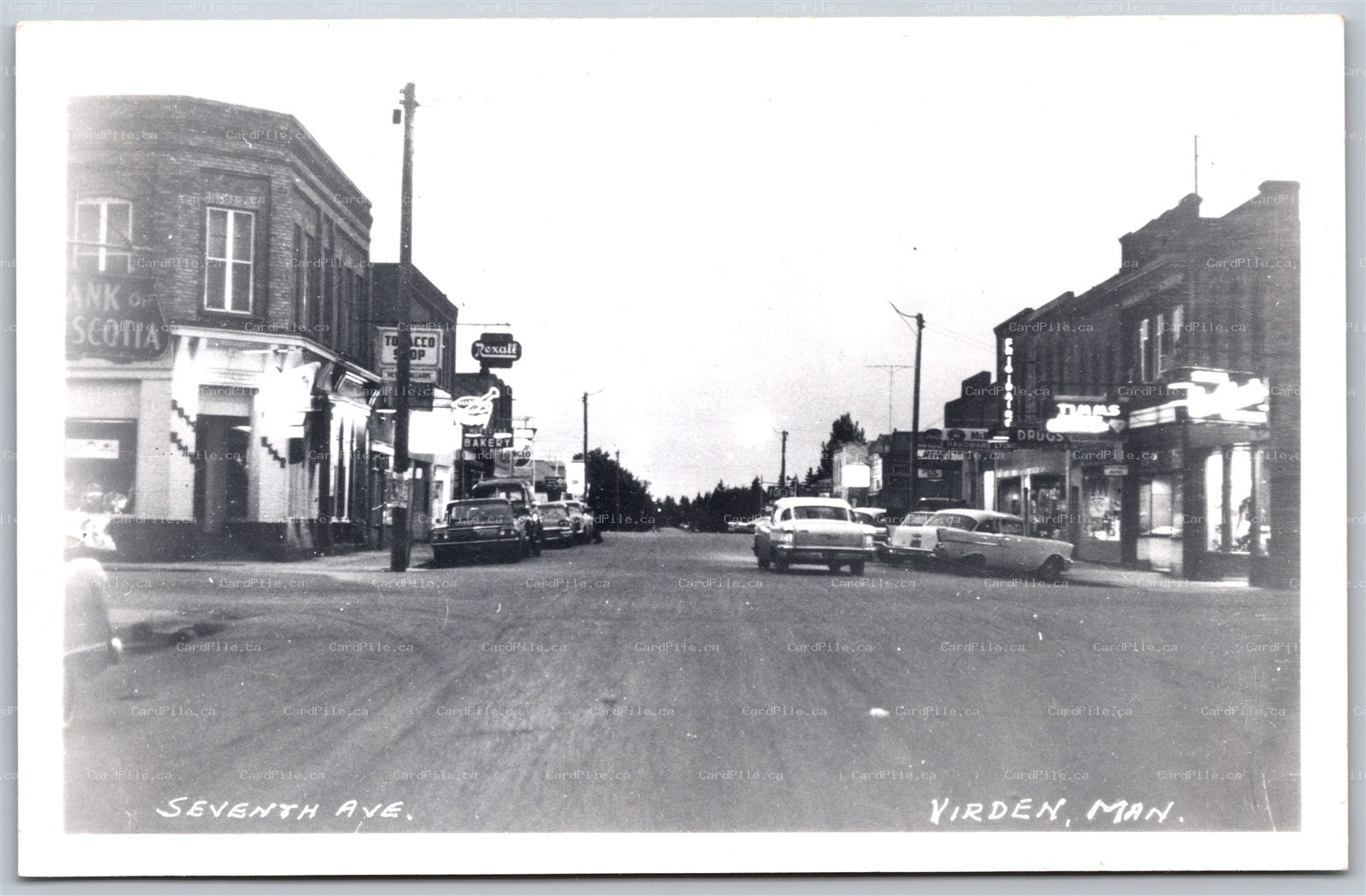 Postcard RPPC c1940s Virden Manitoba Seventh Avenue Old Cars Shops Signs 