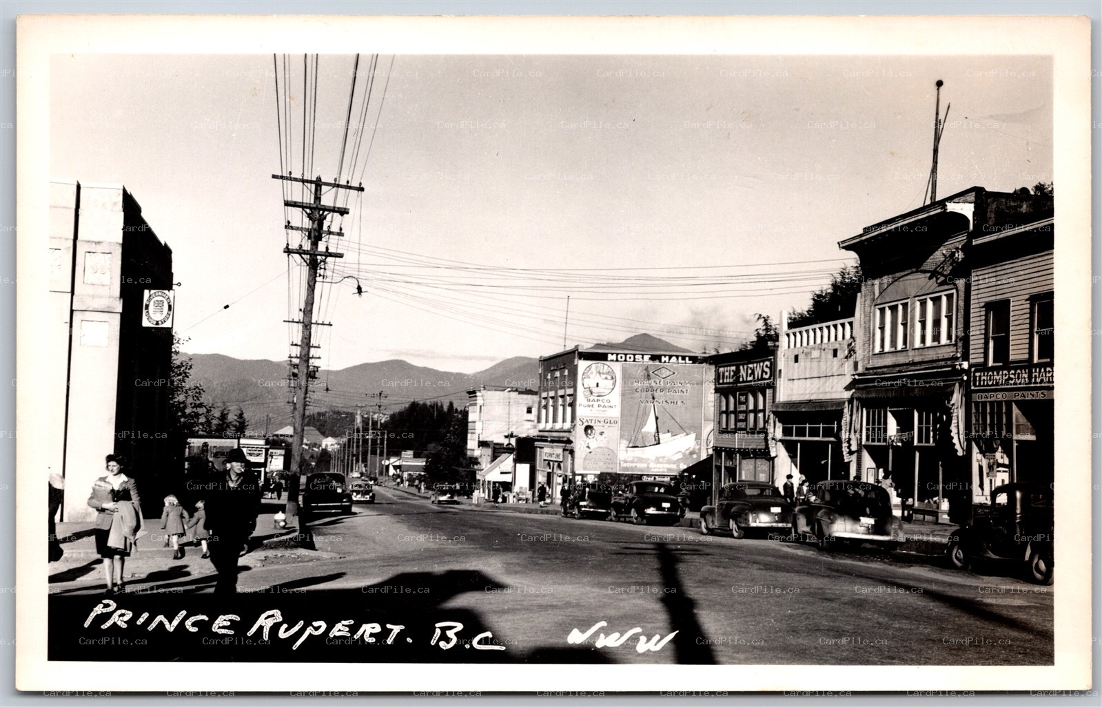 Postcard RPPC c1930s Prince Rupert BC Street View Old Cars Shops by Wrathall