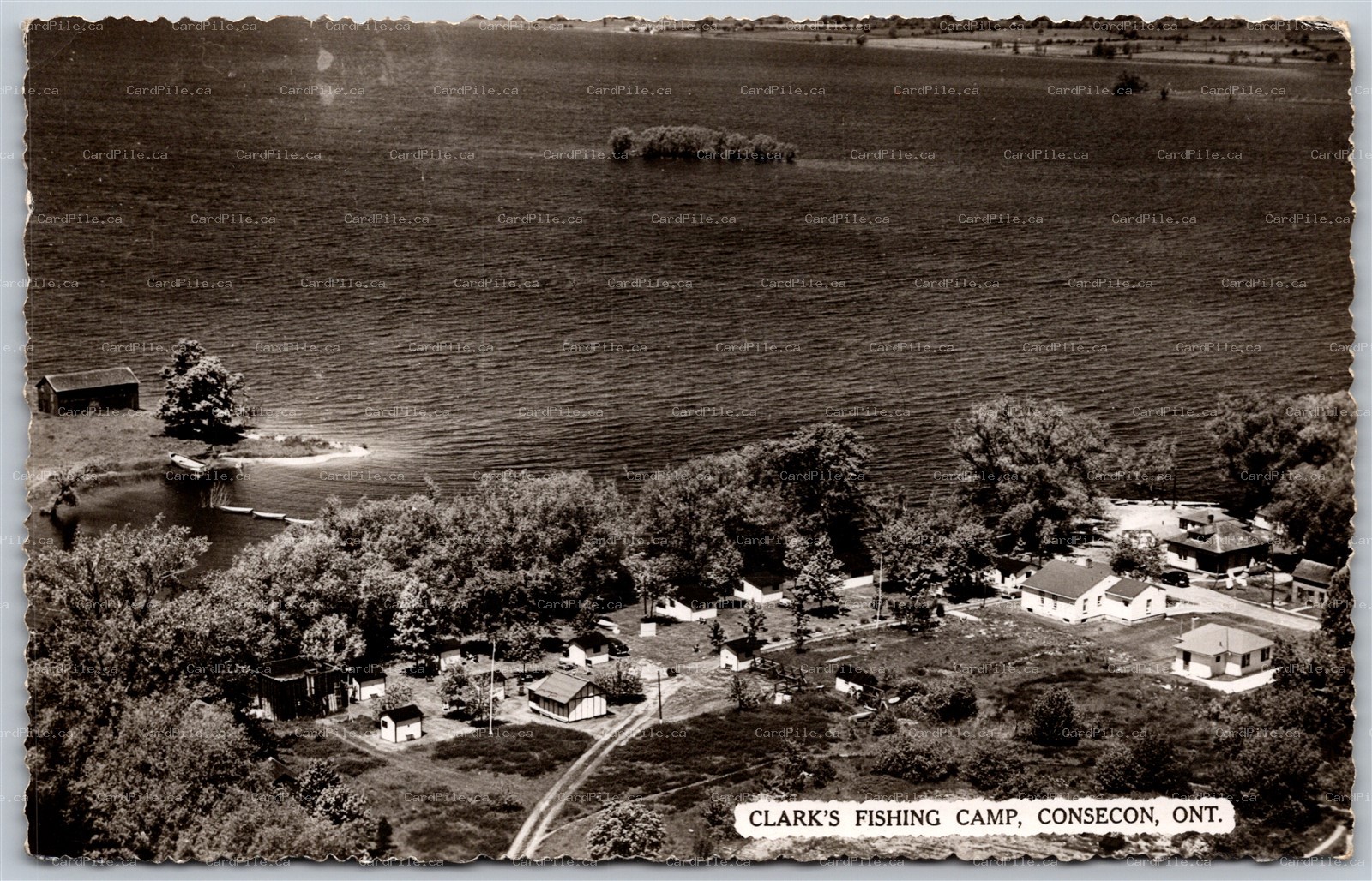 Postcard RPPC c1955 Consecon Ontario Clark's Fishing Camp Aerial View Lake