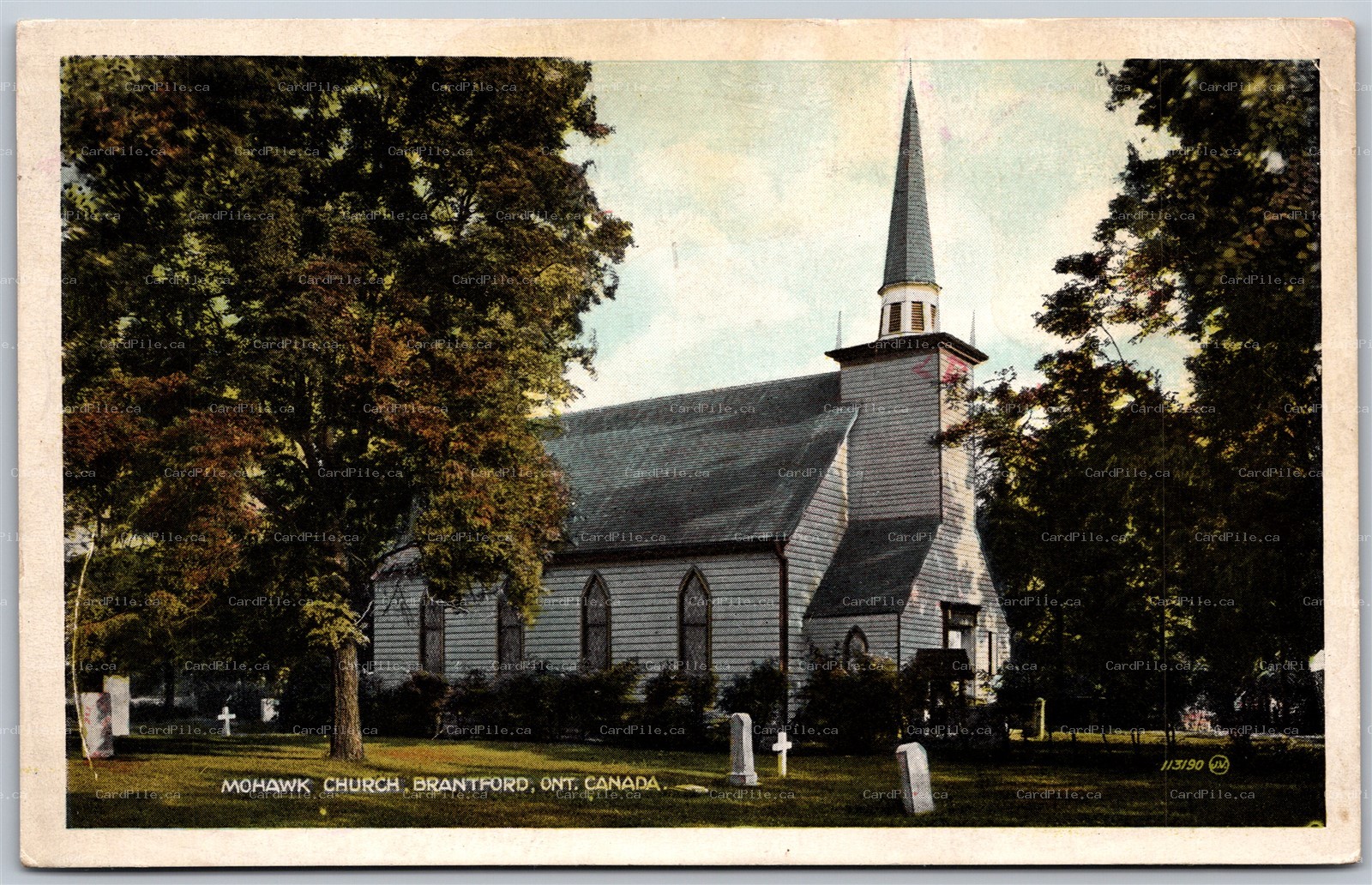 Postcard Brantford Ontario 1930s Mohawk Church Graveyard Headstones Brant County