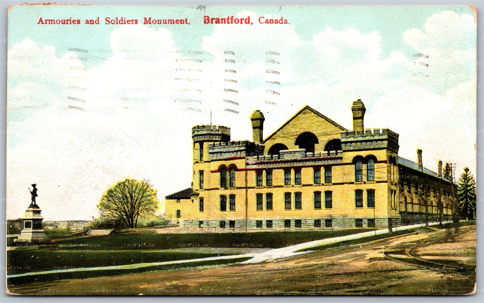 Postcard Brantford Ontario c1907 Armouries and Soldiers Monument Brant County