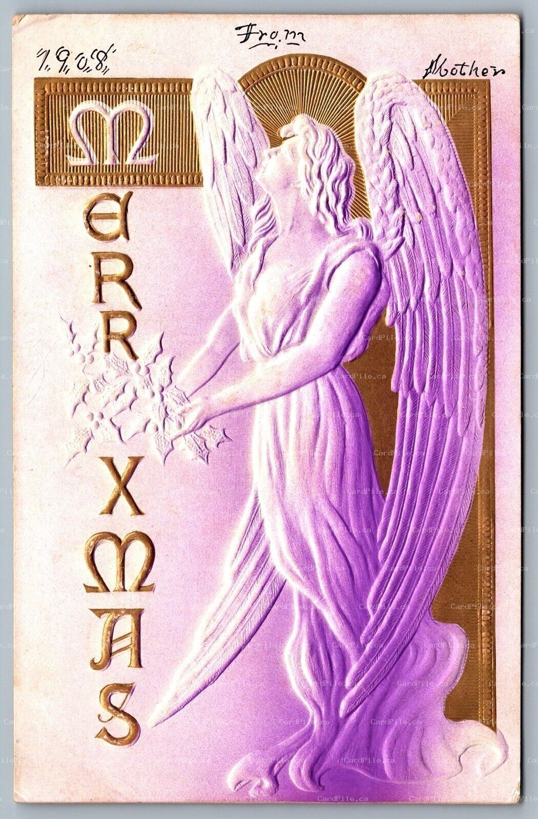 Postcard c1908 Merry XMas Embossed Christmas Angel With Wings Airbrushed