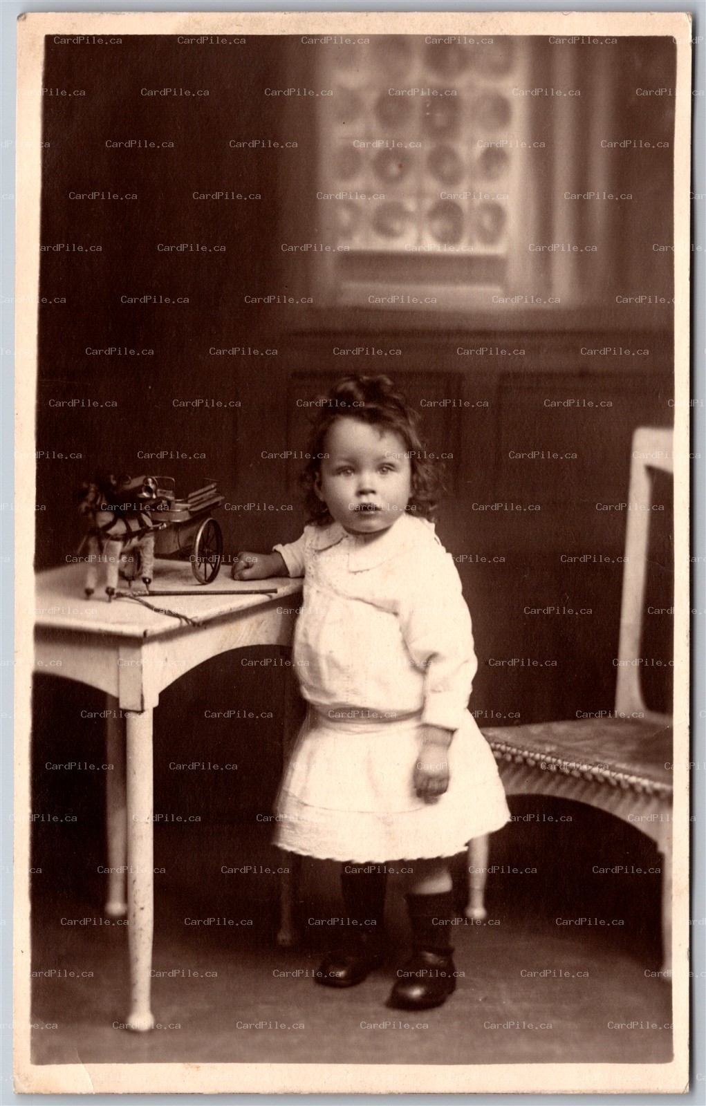 Postcard RPPC 1910s Studio Photo of Young Girl named Jacky Toy Horse Cart Figure