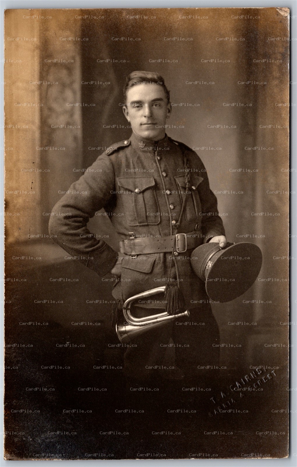 RPPC 1910s Sarnia Forest Ontario Studio Photo Soldier with Bugle by T. A. Cairns