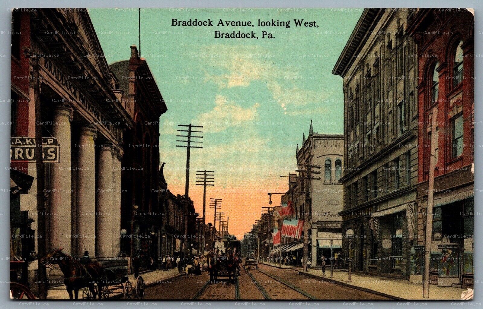 Postcard Braddock PA c1910s Braddock Avenue Looking West Shops Horse Carriages
