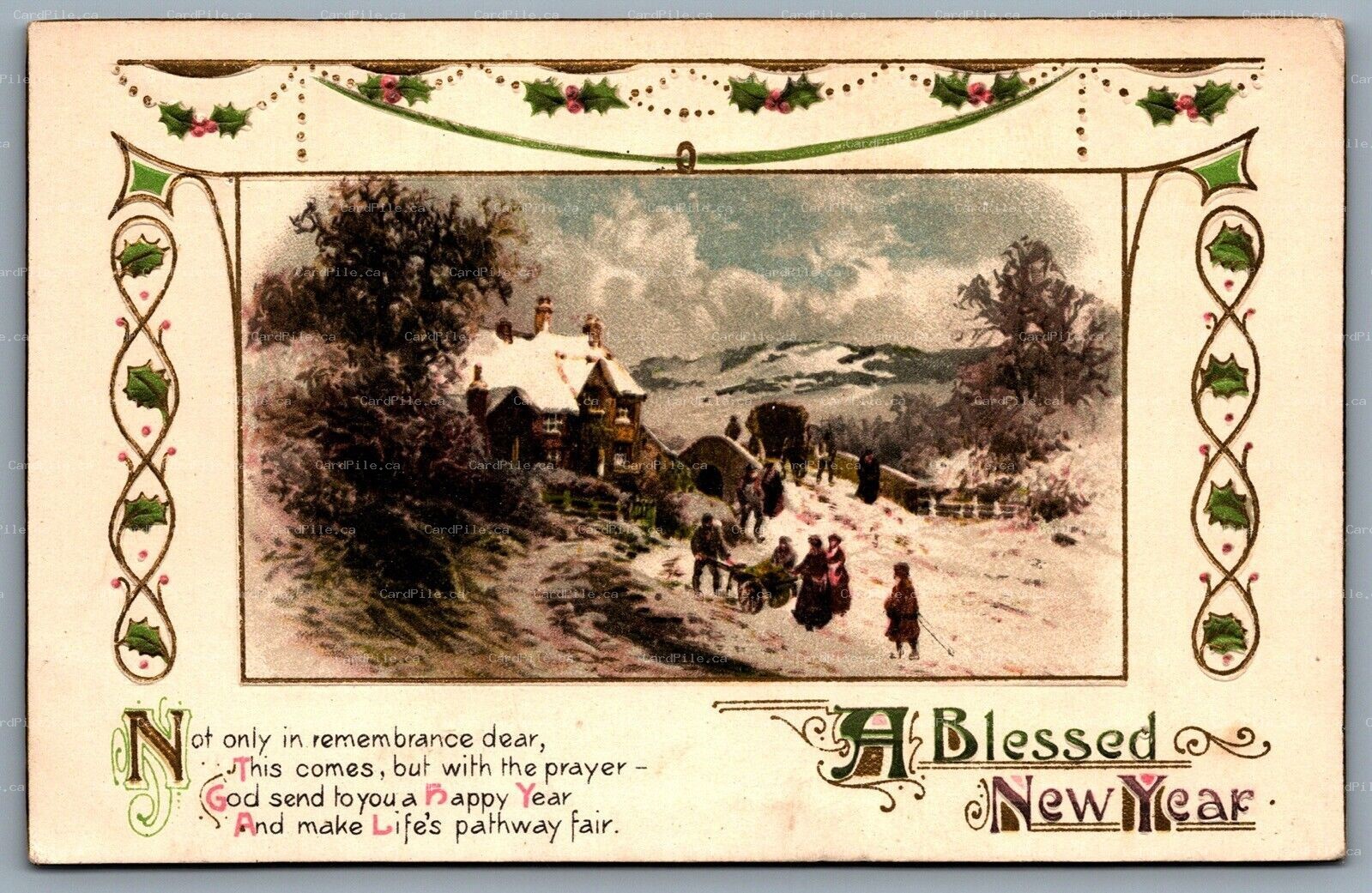 Postcard c1908 A Blessed New Year Floral Border Holly Winter Scene Embossed