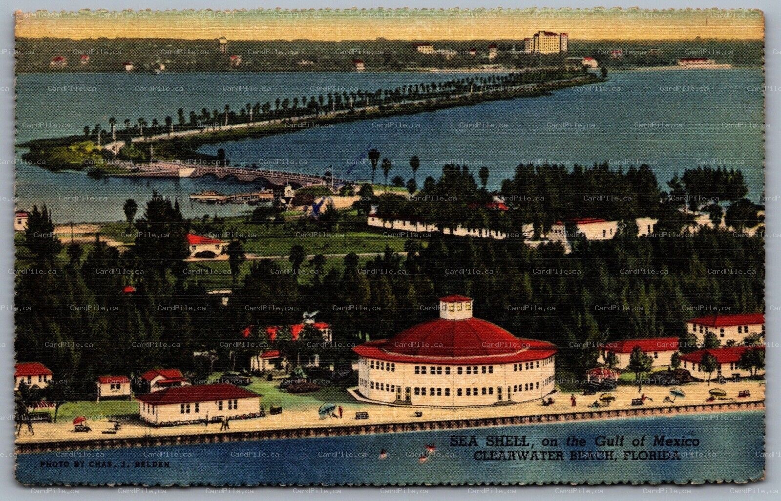 Postcard Clearwater FL c1948 Sea Shell Hotel Aerial View Cottages Trailer Linen