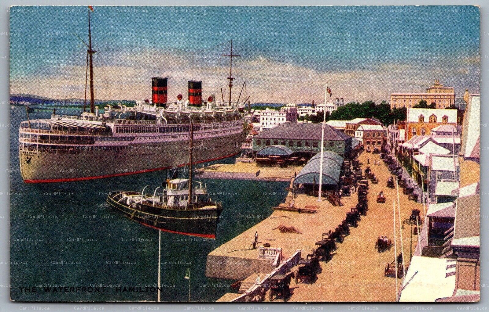 Postcard Hamilton Bermuda c1910s The Waterfront Horse Carriage Ship Tug Boat