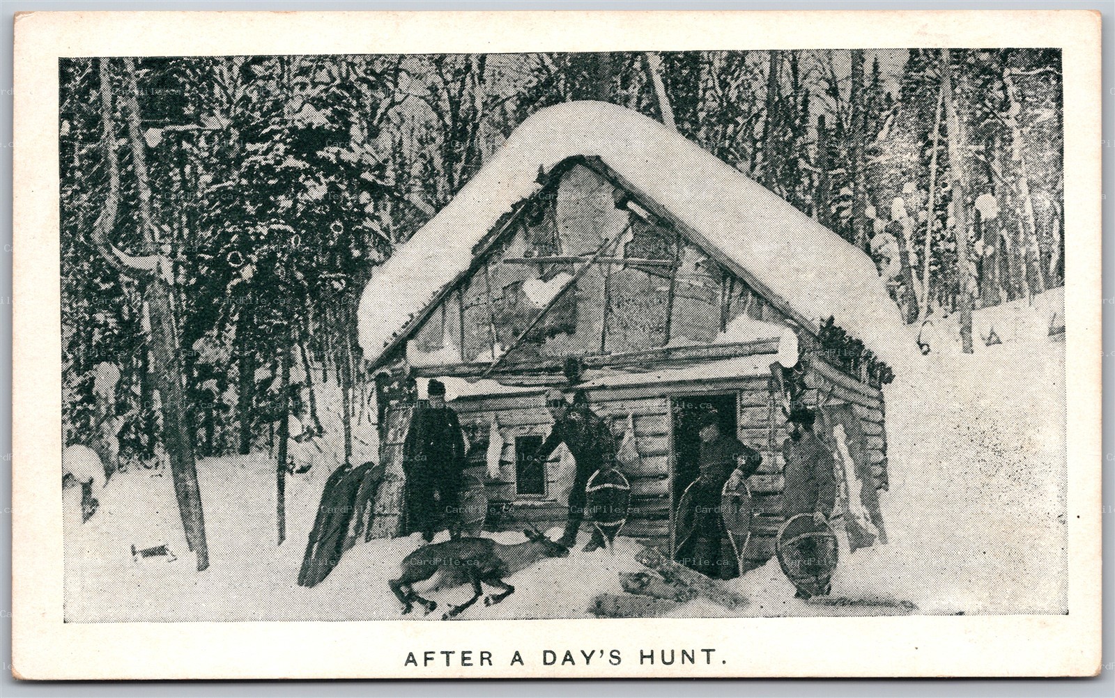 Postcard inscribed Valleyfield Quebec After a Day's Hunt Deer Cabin Winter Scene