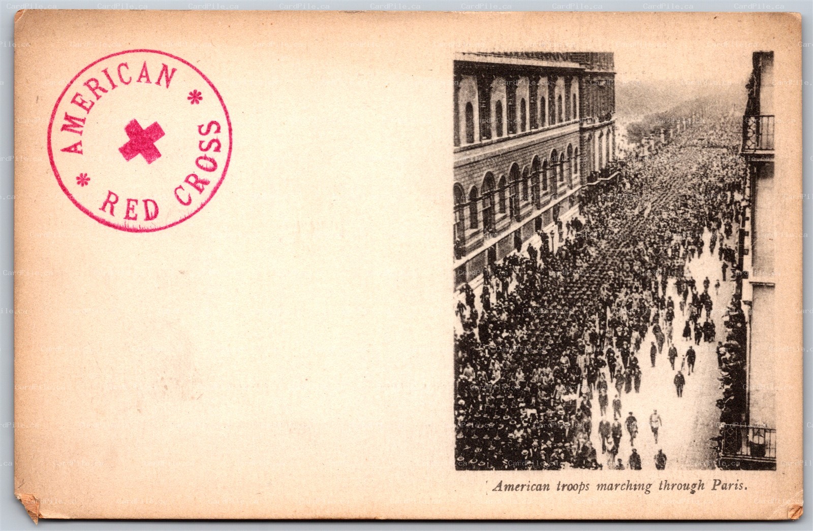 Postcard Paris France c1918 American Troops Marching Through Paris Red Cross