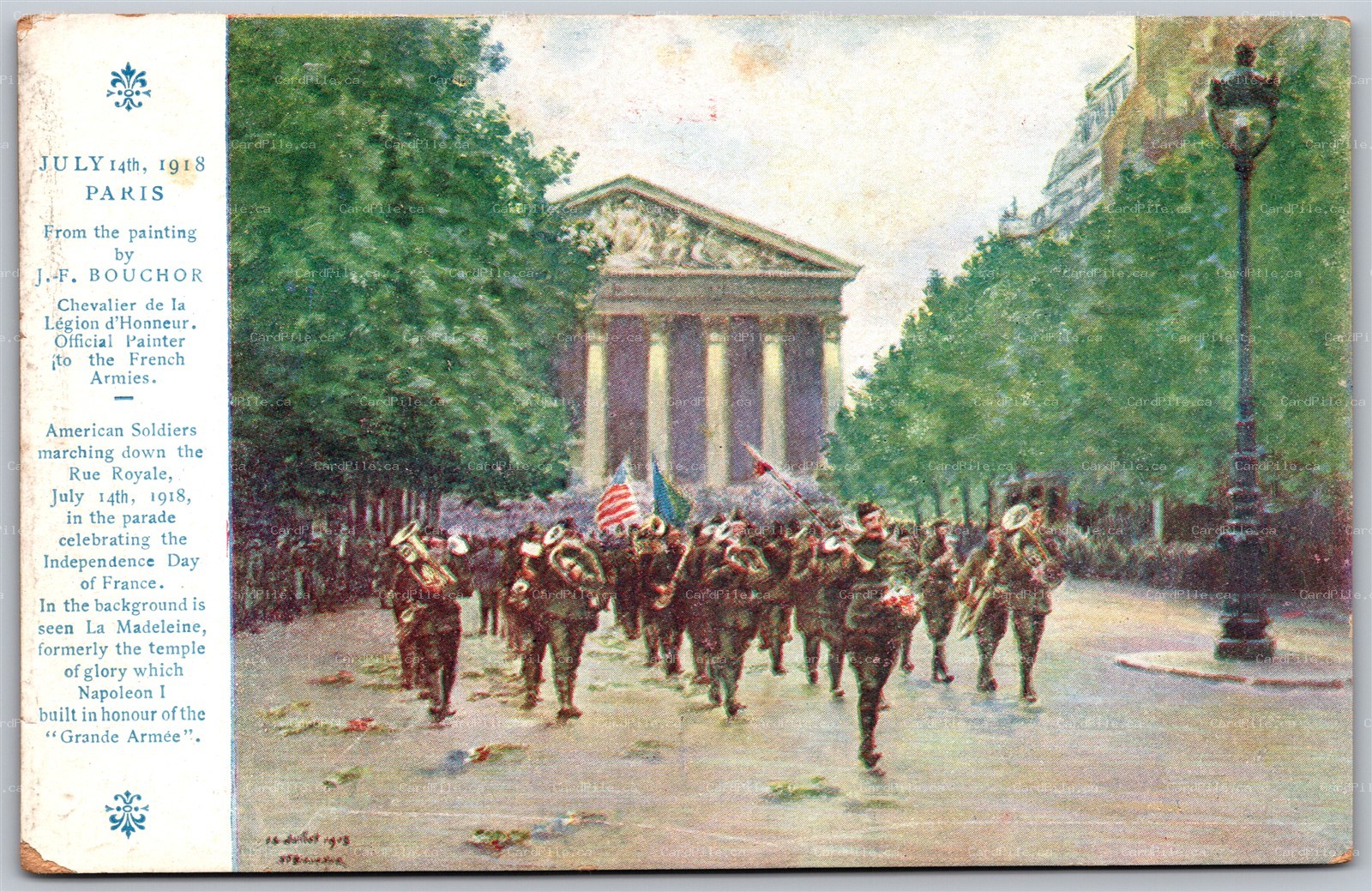 Postcard c1918 American Soldiers Marching Down Rue Royal Paris J. F. Bouchor
