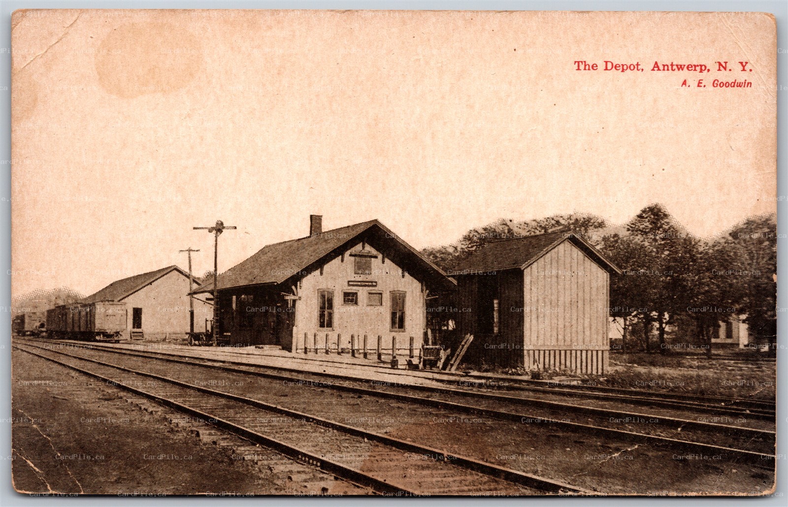 Postcard Antwerp New York Railroad Depot by A. E. Goodwin