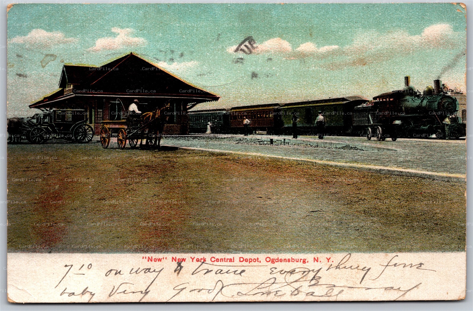Postcard Ogdensburg New York c1907 New NY Central Depot to Acton's Corners ONT