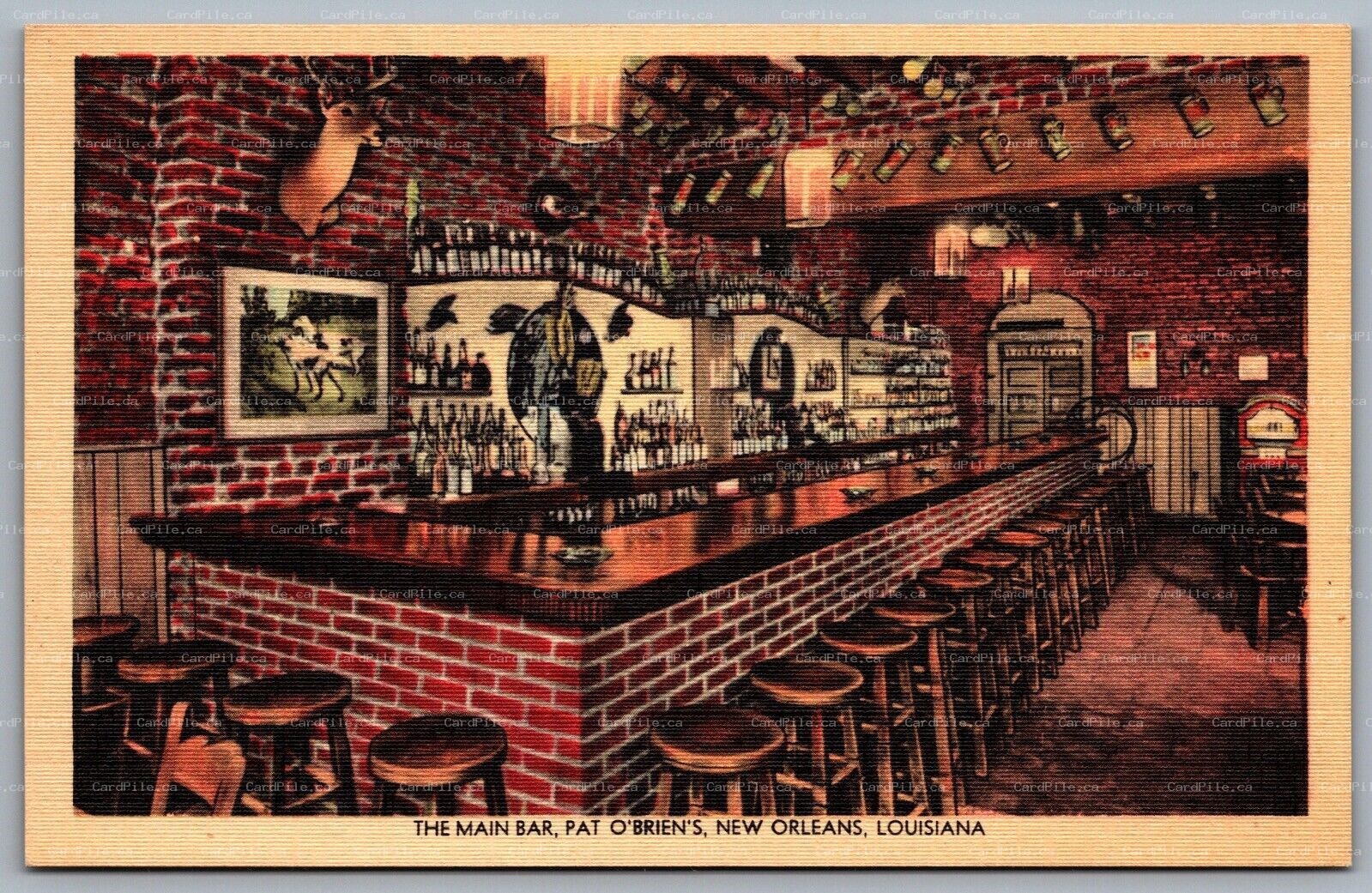 Postcard New Orleans LA c1940s The Main Bar at Pat O’Briens Bar View Linen