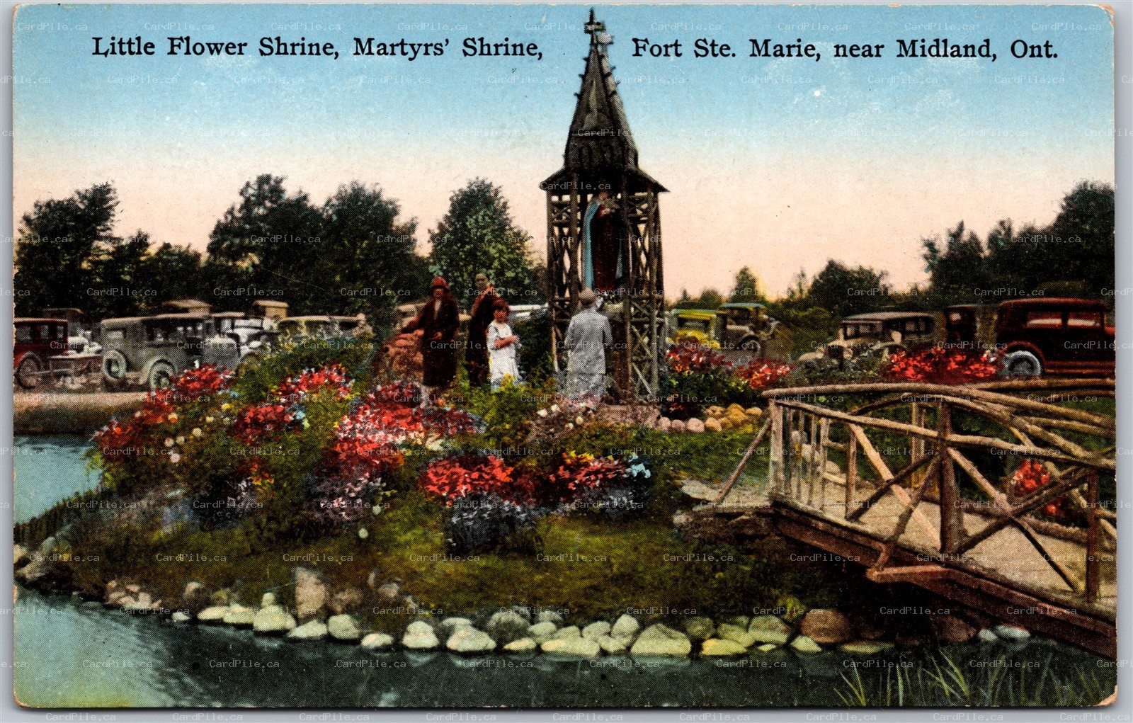 Postcard Midland Ontario Martyrs Shrine Flowers Old Cars Fort Ste. Marie
