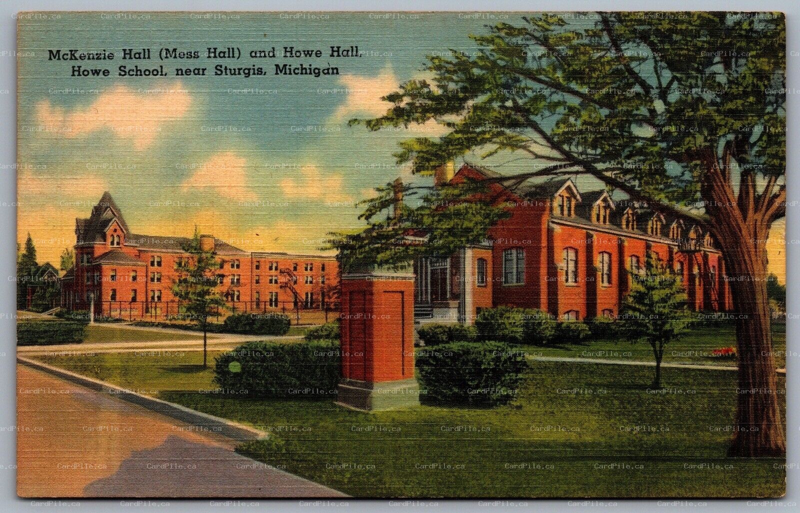 Postcard Sturgis MI c1949 McKenzie Hall (Mess Hall) & Howe Hall - Howe School