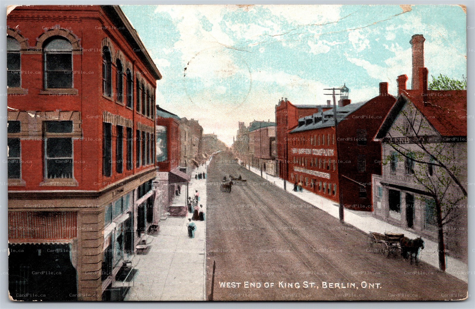 Postcard Berlin ONT 1913 West End of King St (Kitchener) by J. P. Bender *as is*