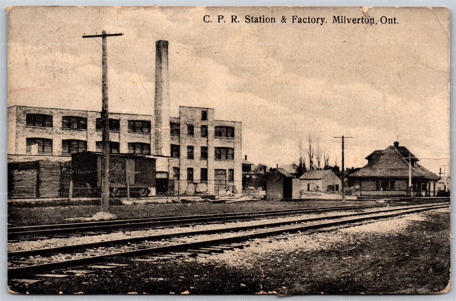 Postcard Milverton Ontario c1913 CPR Railroad Station and Factory *as is*