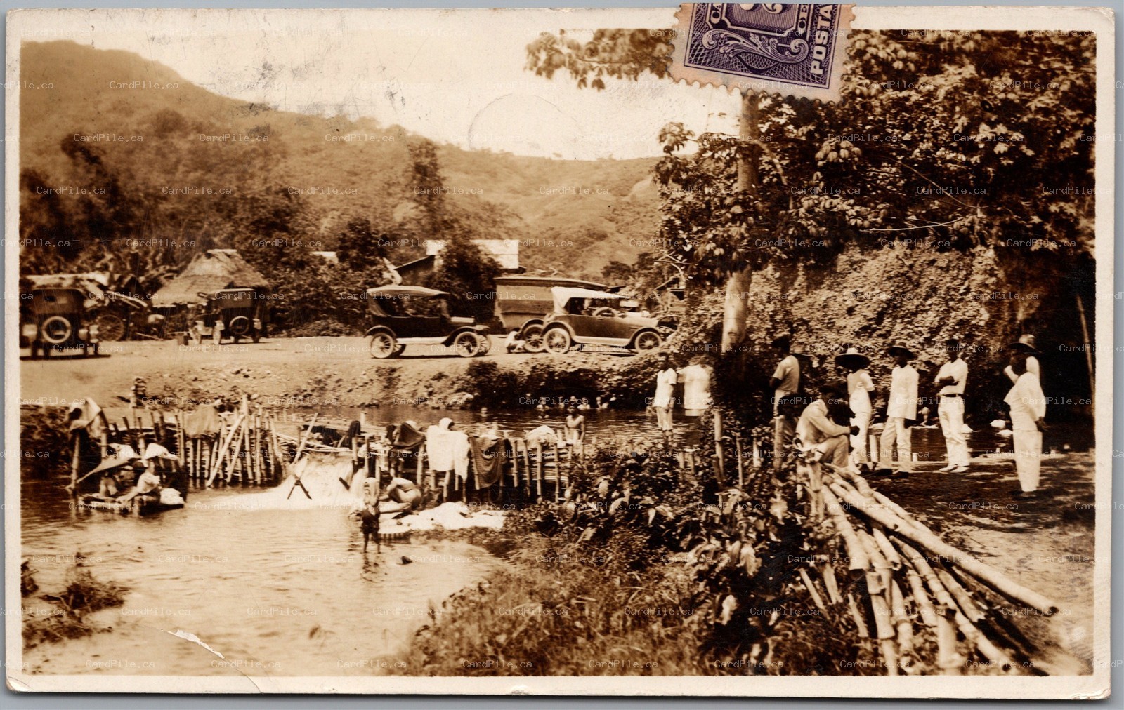 Postcard RPPC Philippines c1928 Cars Laundry Bathing Stamp Manila to Vancouver