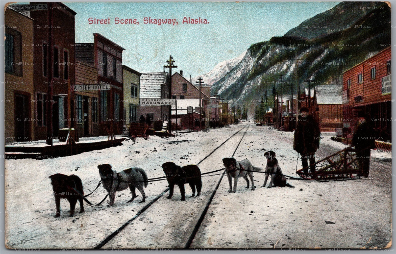 Postcard Skagway Alaska c1909 Street Scene Dog Sleigh Stores Rainier Hotel