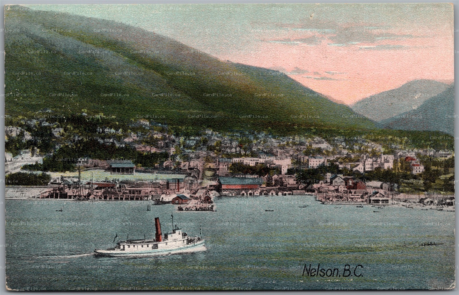 Postcard Nelson British Columbia 1910s Scenic View of Town Steamer Kootenay Lake
