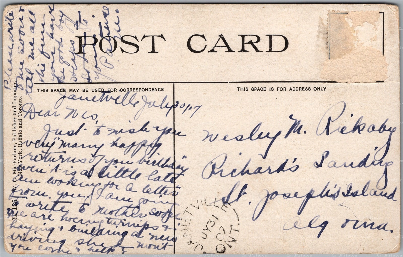 Postcard Split Ring Cancel c1907 Janetville Ontario Billy and the Kid