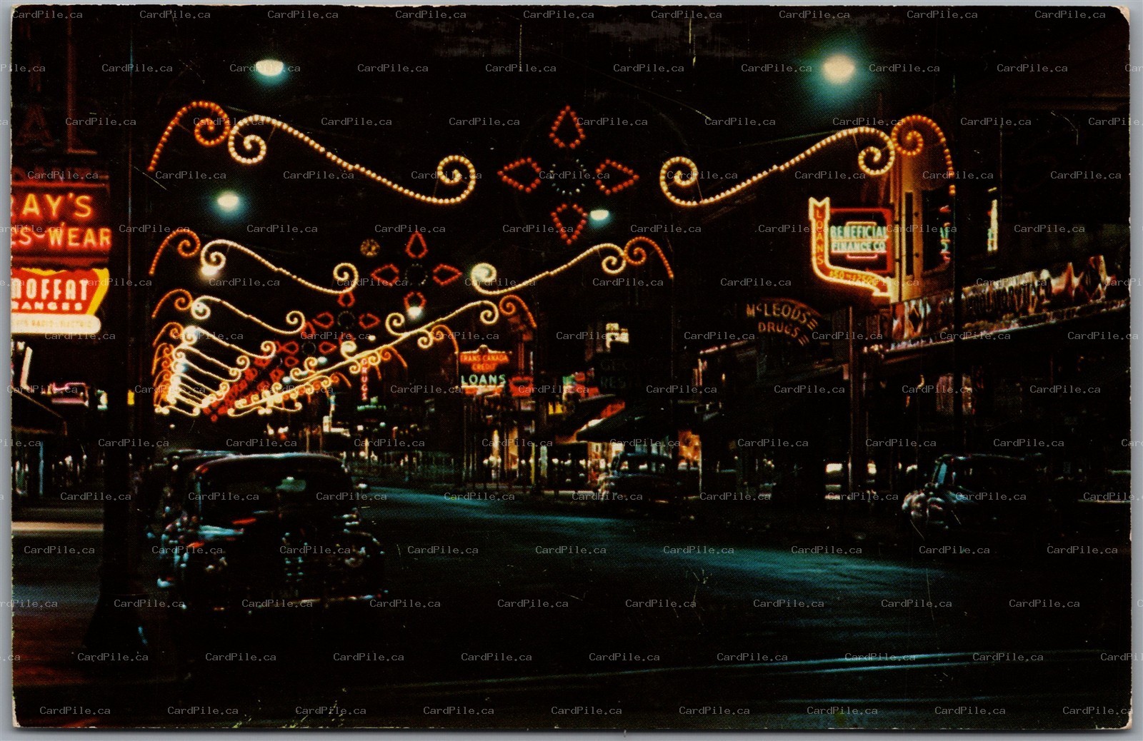 Postcard Owen Sound Ontario c1962 Night Scene of Main Street Neon Lights Cars