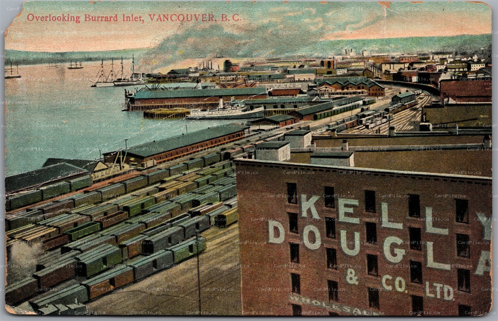 Postcard Vancouver BC Overlooking Burrard Inlet Railroad Station Cars *as is*