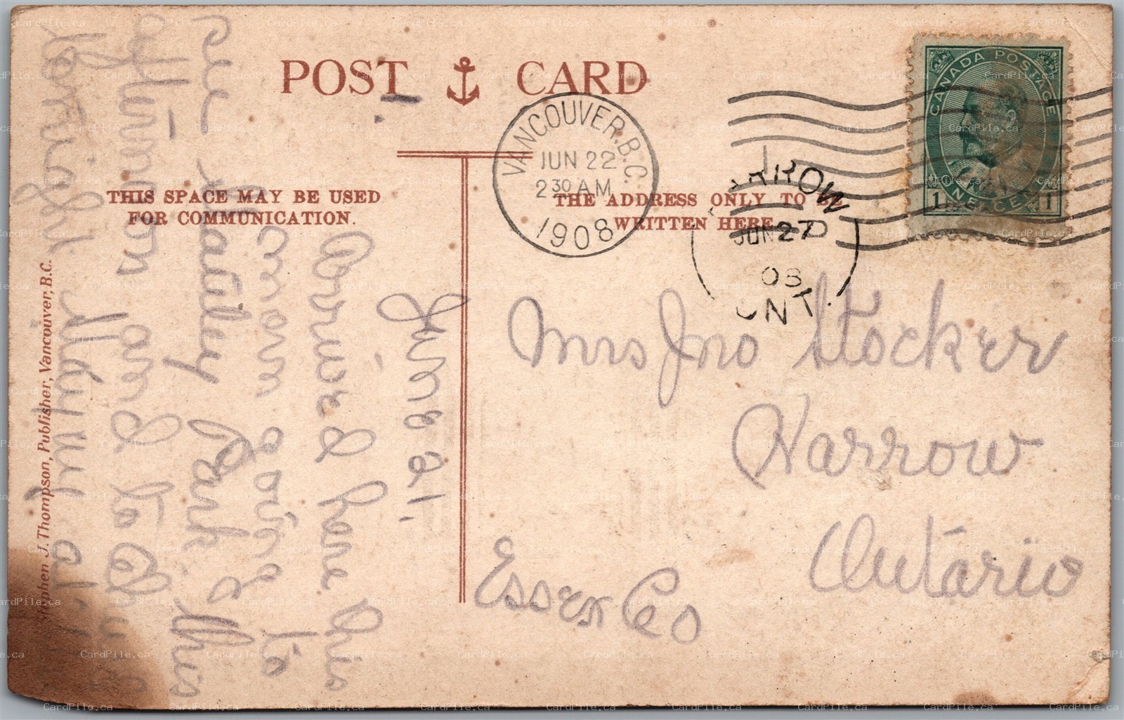 Postcard Split Ring Cancel c1908 Harrow Ontario on Vancouver BC English Bay Surf