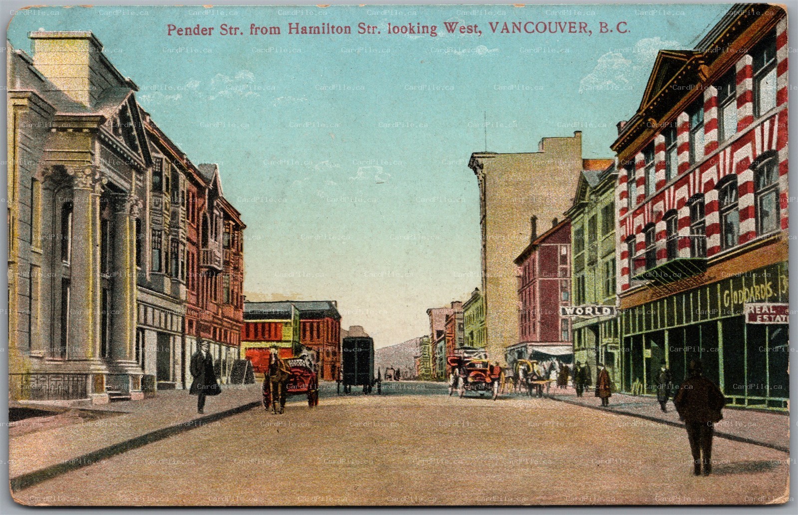 Postcard Vancouver BC Pender Street from Hamilton Street looking West