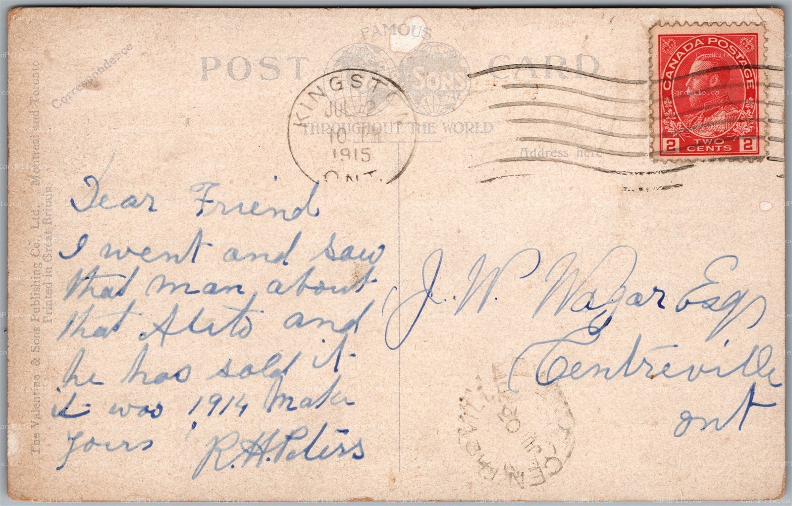 Postcard Split Ring Cancel c1915 Centreville Ontario