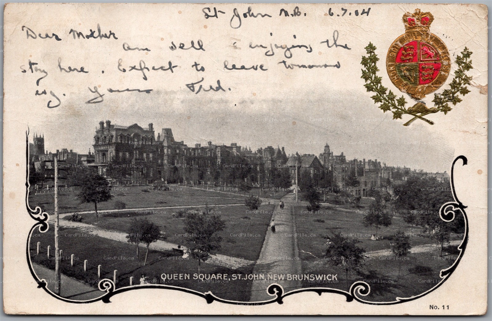 Postcard St. John New Brunswick c1904 Queen Square Heraldic Coat of Arms *as is*