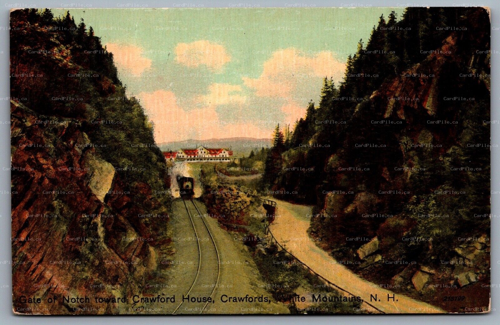 Postcard Crawfords Notch NH c1911 Gate of Notch Toward House Train Railroad