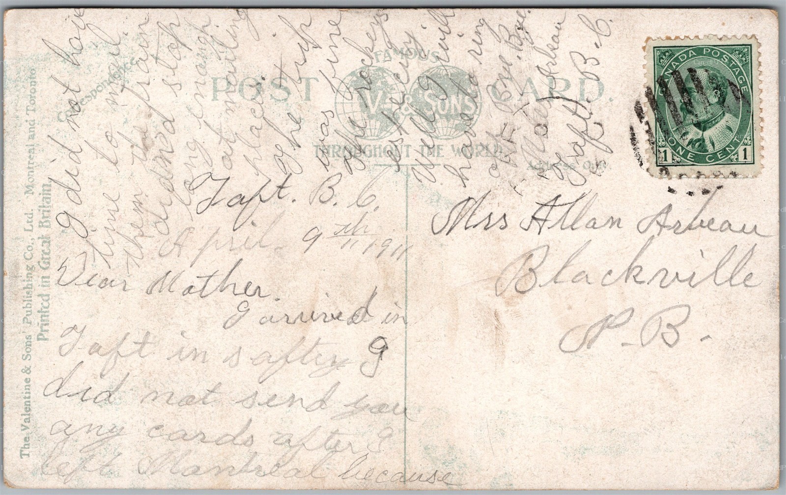 Postcard Split Ring Cancel c1911 Taft British Columbia to Blackville NB