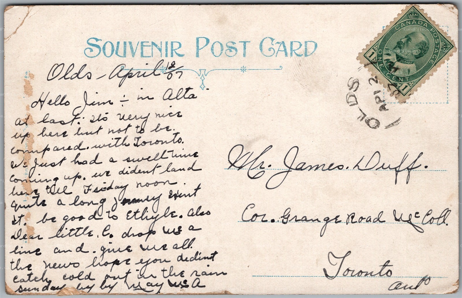 Postcard Split Ring Cancel Olds Alberta Reaping "Alberta Red" Calgary