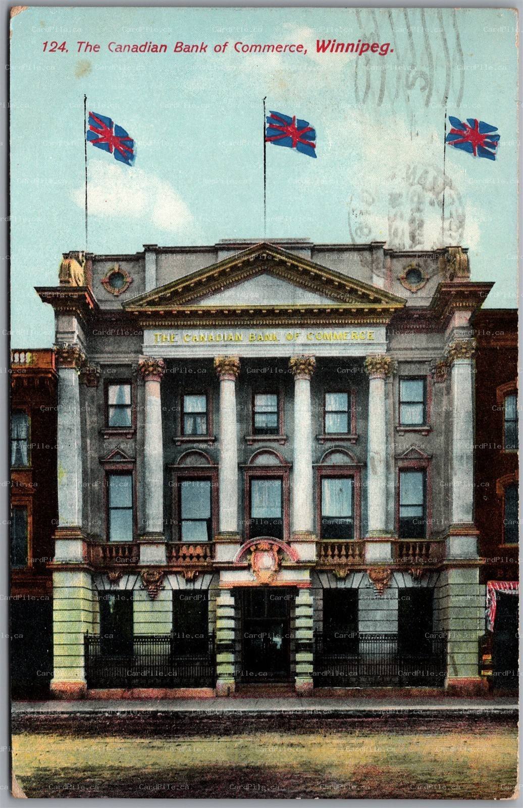 Postcard Winnipeg Manitoba c1910 The Canadian Bank of Commerce Flags