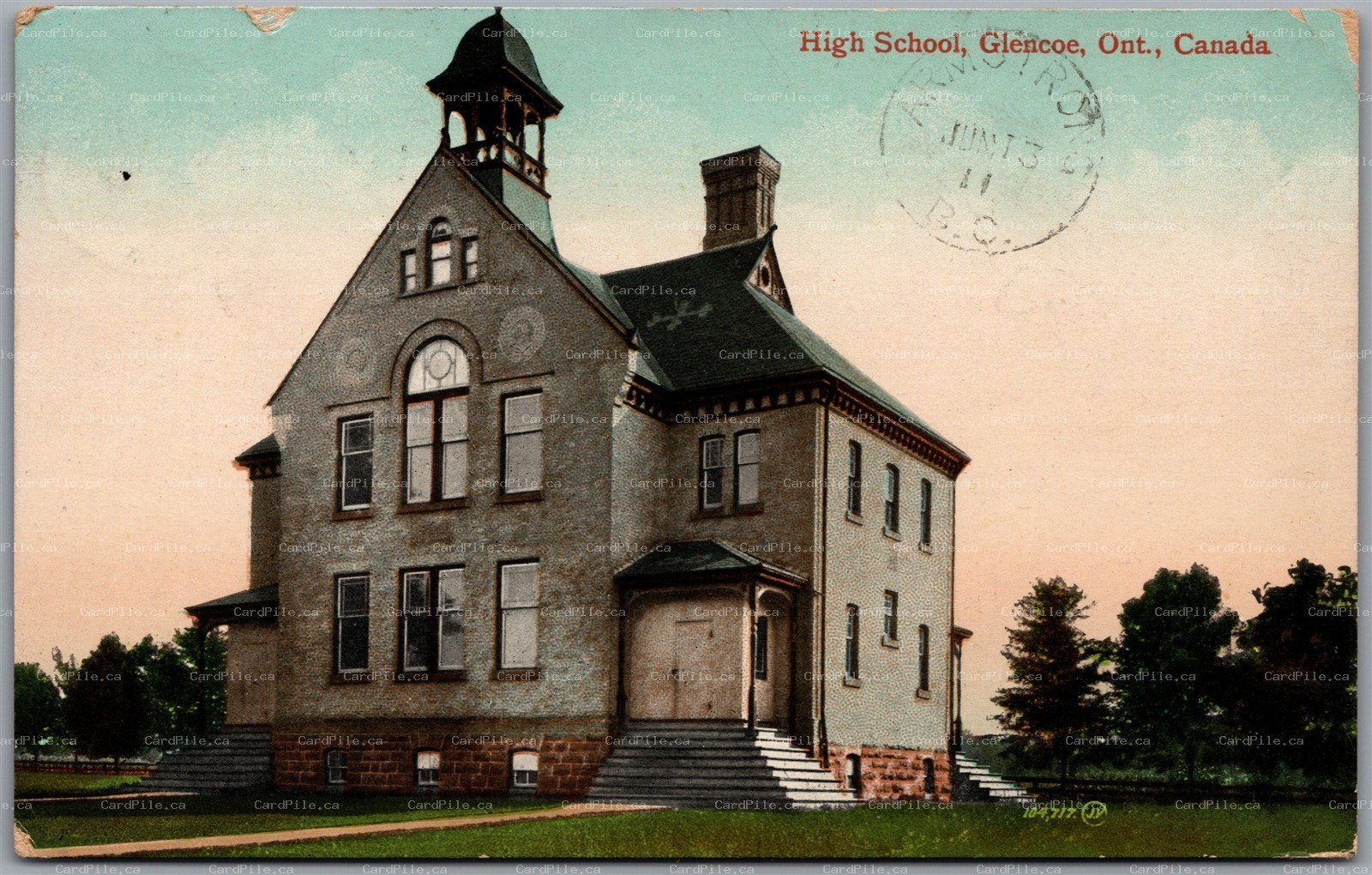 Postcard Glencoe Ontario c1911 High School Middlesex County to Armstrong BC