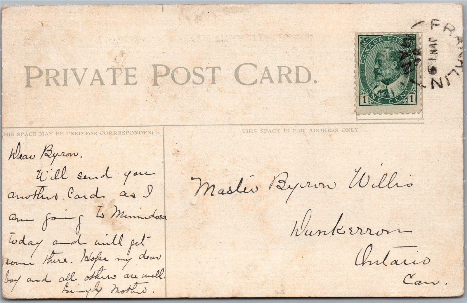 Postcard Split Ring Cancel c1906 Franklin Manitoba to Dunkerron Ontario