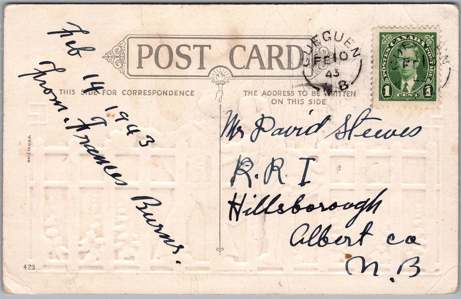 Postcard Split Ring Cancel c1943 Gueguen New Brunswick on Valentines Card