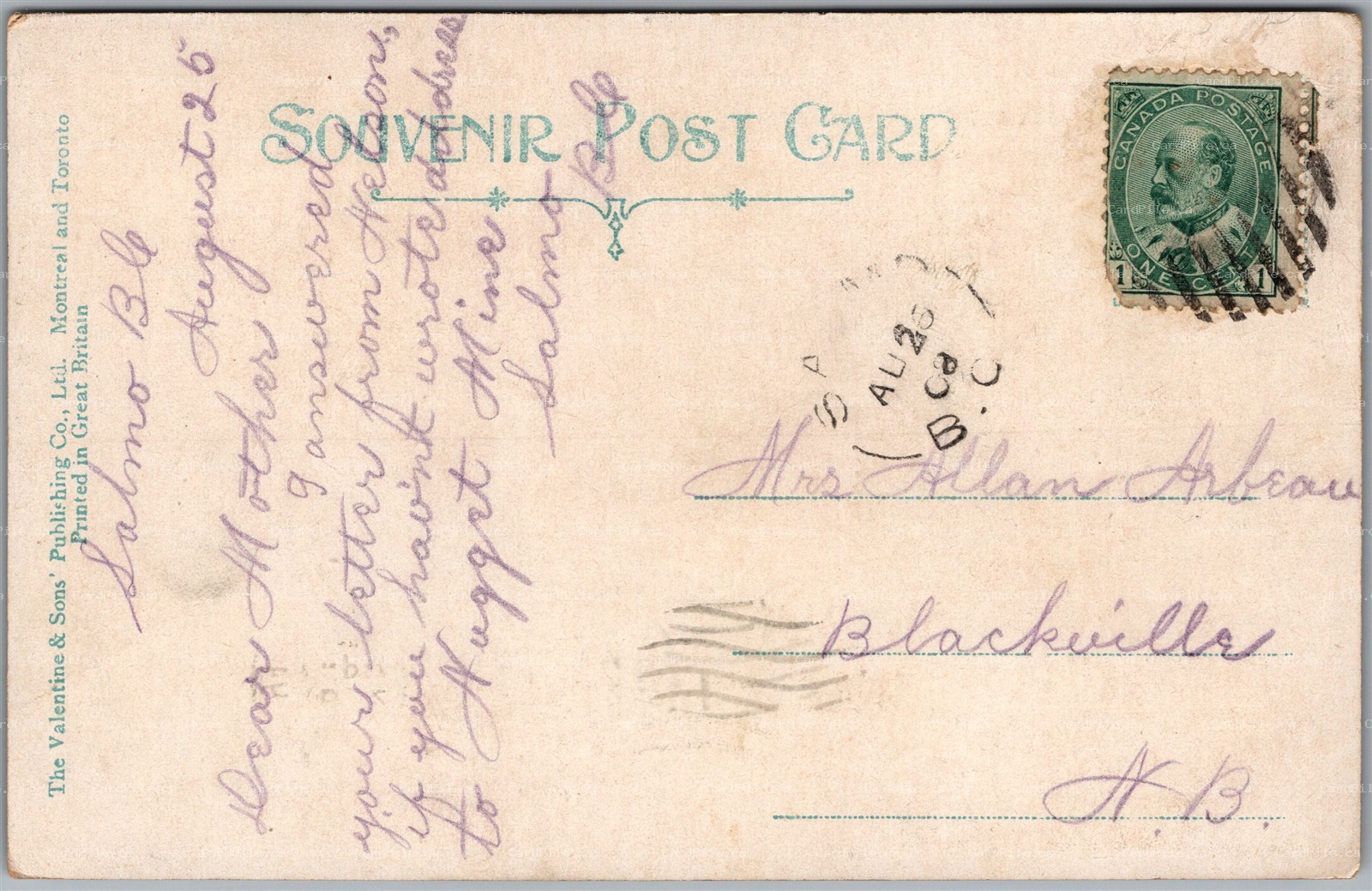 Postcard Split Ring Cancel c1908 Salmo British Columbia to Blackville NB