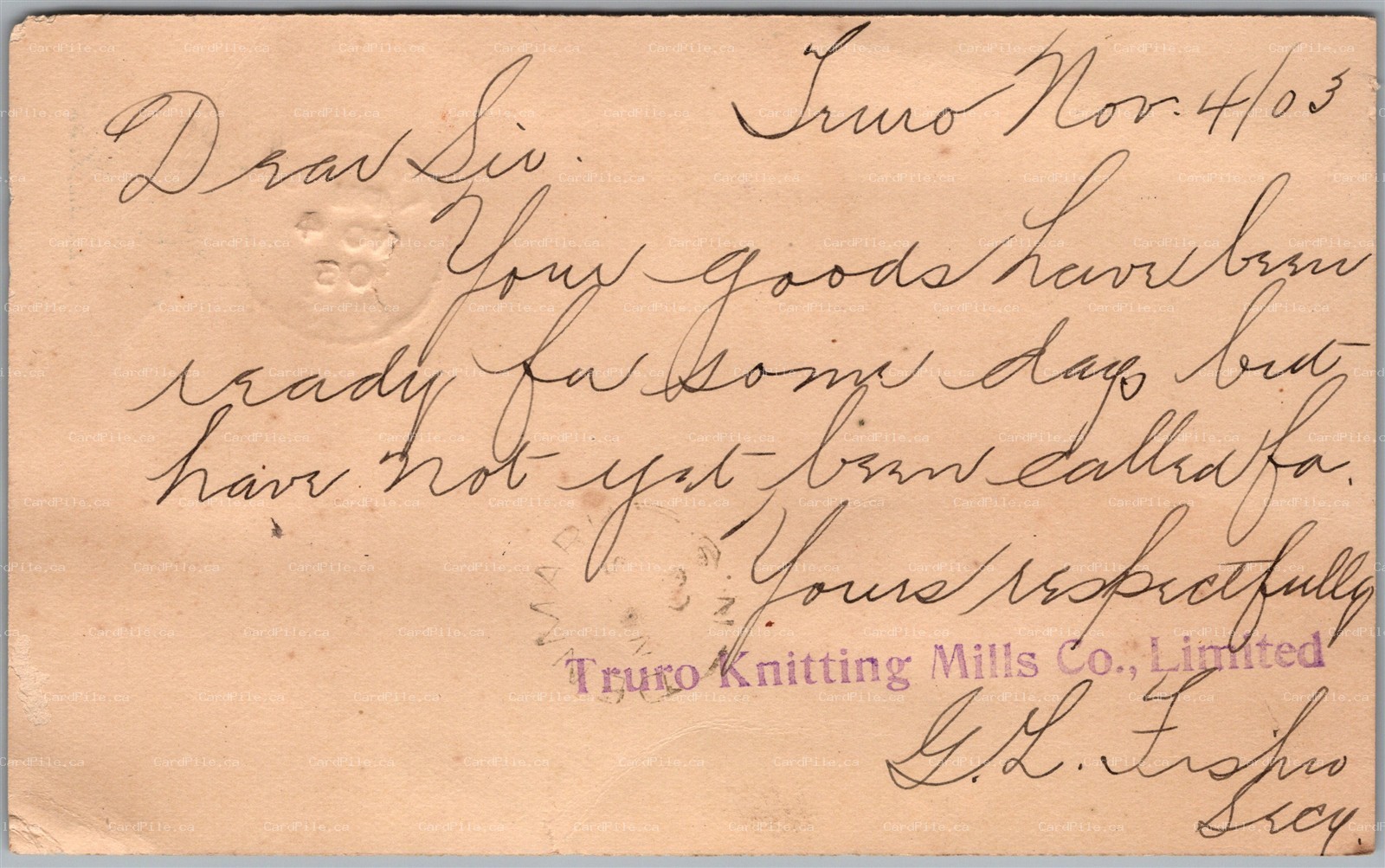 Postcard Split Ring Cancel c1903 Denmark Nova Scotia Truro Knitting Mills Co.
