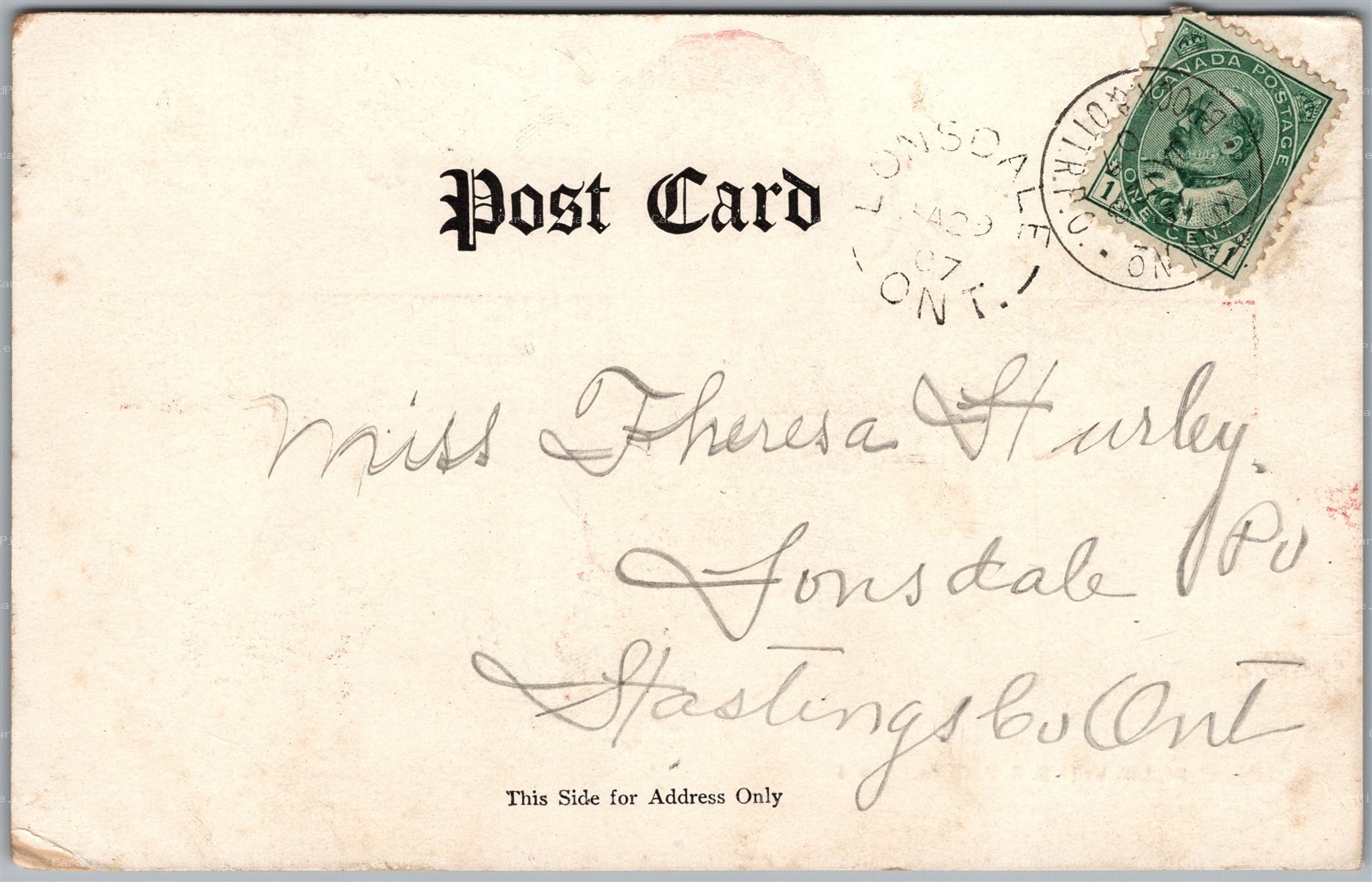 Postcard Split Ring Cancel c1907 Lonsdale Ontario and RPO Cancel Brock & OTT