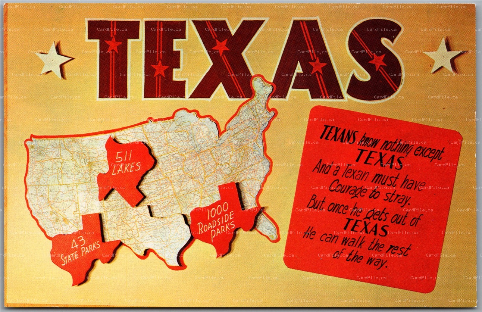 Postcard Texas Facts Large Letter 511 Lakes 43 State Parks Map
