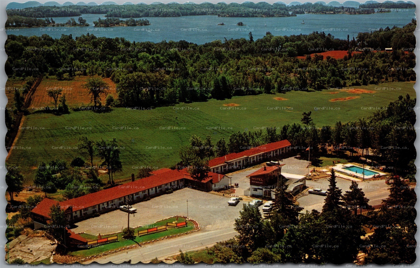 Postcard Gananoque Ontario Gateway Motel Restaurant 1000 Islands Aerial View