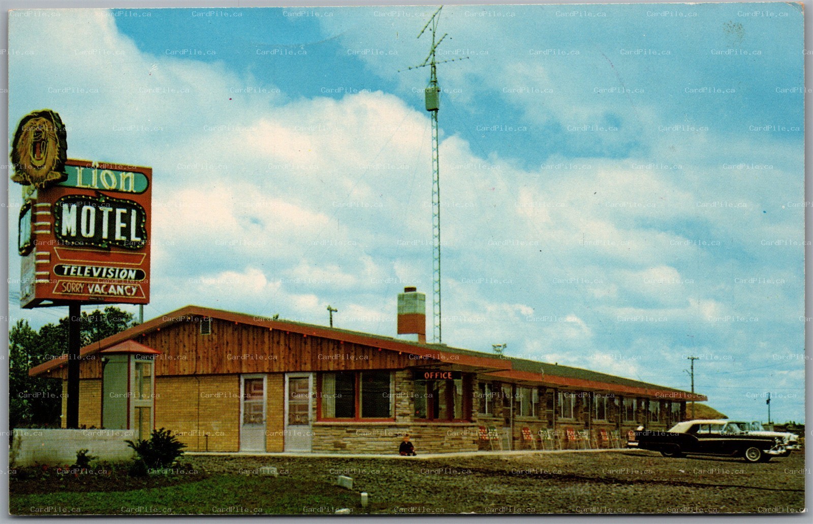 Postcard Long Sault Ontario Lion Motel Neon Sign Vintage Car Highway 2