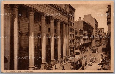 Postcard St. James Street Montreal Quebec Bank Trolley Cars