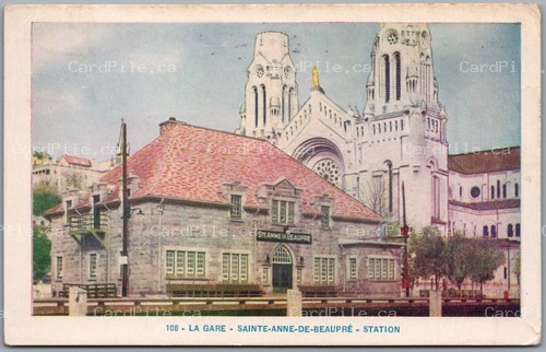Postcard Sainte-Anne-de-Beaupre Quebec c1951 La Gare Station Basilica as is