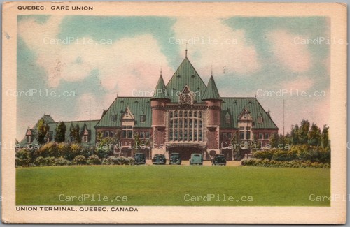 Postcard Quebec City Quebec c1947 Union Terminal Gare Union Old Cars Split Ring