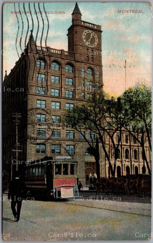 Postcard Montreal Quebec c1908 New York Life Building Clock Tower Street Car