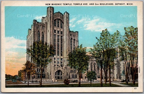 Postcard Detroit Michigan c1925 New Masonic Temple Temple Ave & 2nd Boulevard
